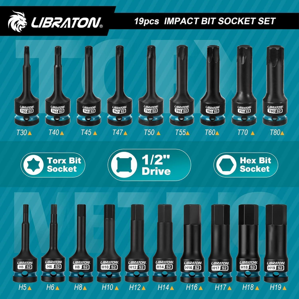 Schlag-Steckschlüsselsatz Torx & Sechskant 1/2" S2-Stahl 19-tlg