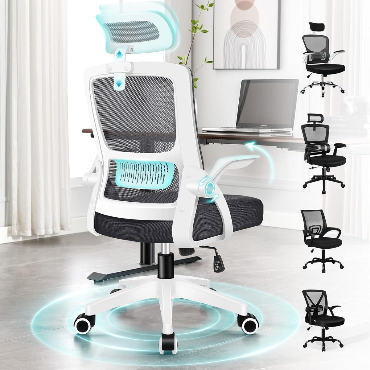 Ergonomischer Bürostuhl mit Lordosenstütze und Kopfstütze, Weiß Arco