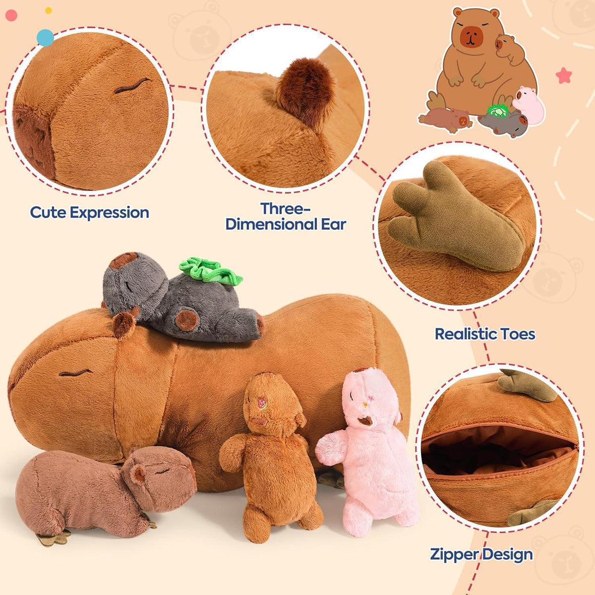 Capybara Kuscheltier Familie – 5 Stück Plüschtiere & Kissen