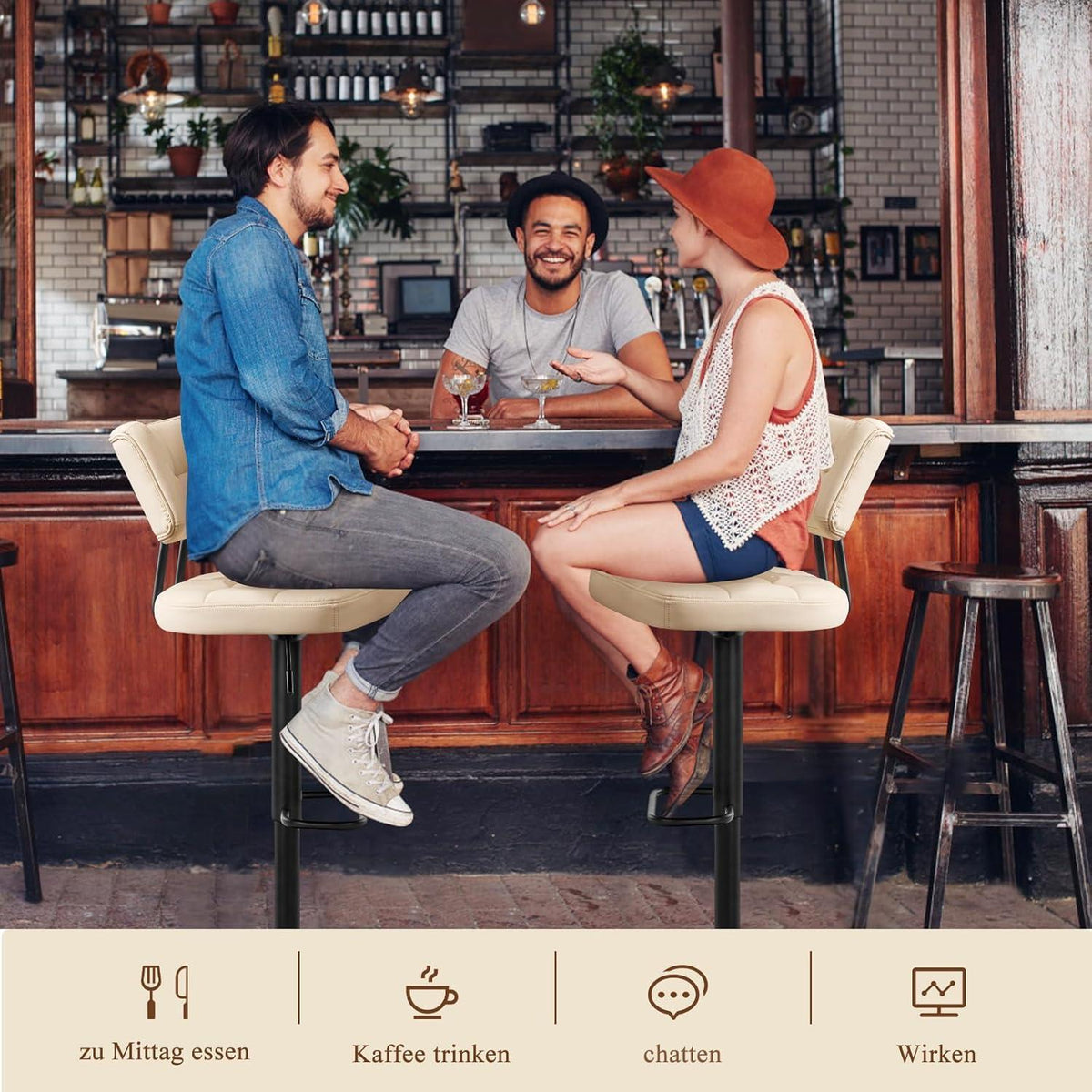 Barhocker Set 4er – Höhenverstellbar, Beige in Lederoptik