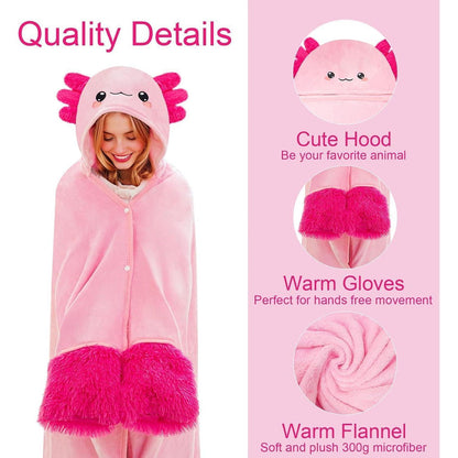 Tragbare Hoodie-Decke mit Kapuze und Handschuhen – Axolotl Kuscheldecke