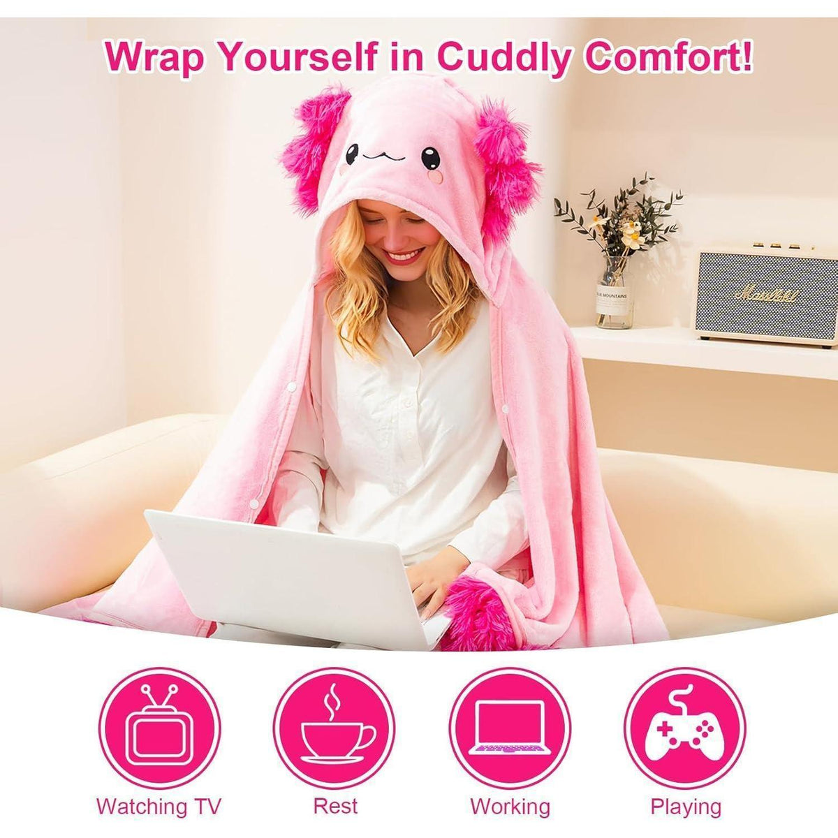 Tragbare Hoodie-Decke mit Kapuze und Handschuhen – Axolotl Kuscheldecke