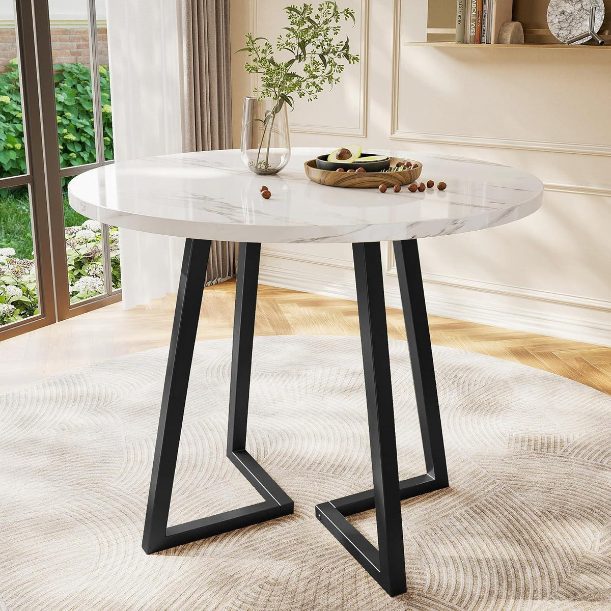 Runder Esstisch mit Marmor-Muster & Metallgestell – Modern & Stabil