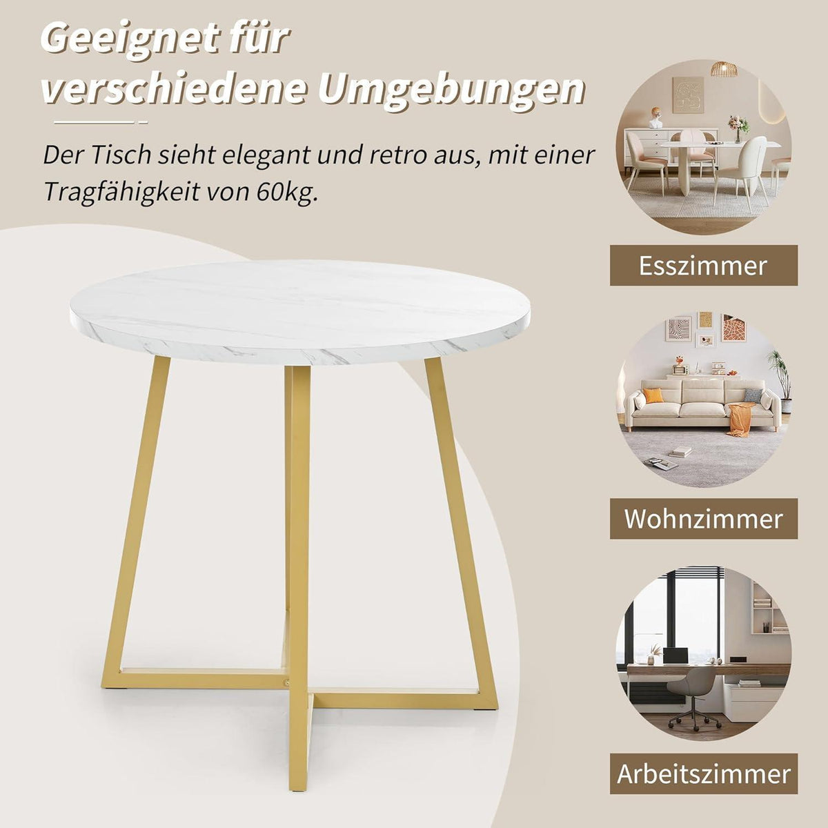 Runder Esstisch weiß/gold mit Marmor-Muster & Metallgestell