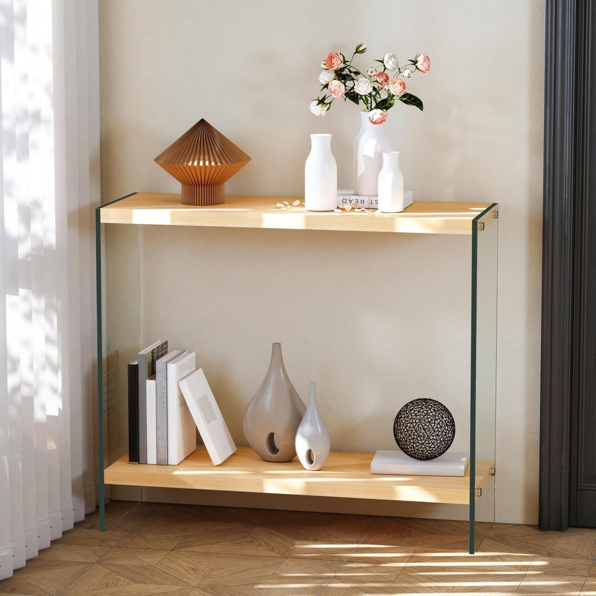 Schmaler Konsolentisch Holz mit Glasbeinen | Flurtisch 80x30 cm