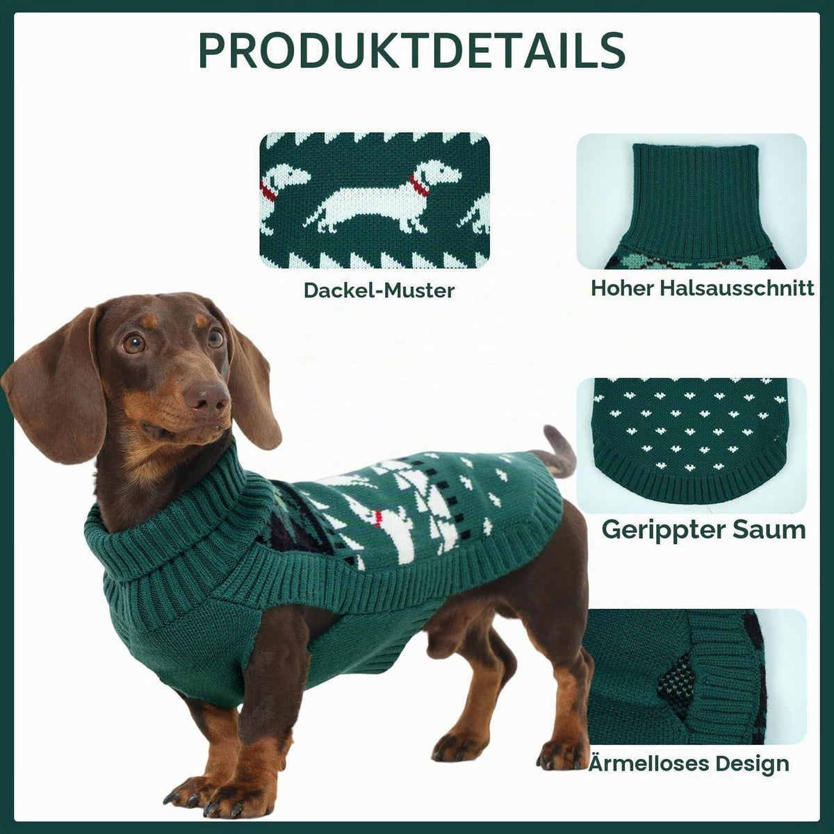 Dackel Pullover Grün M - Warmer Rollkragen Hundepullover