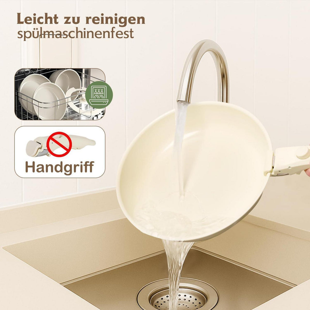 16-teiliges Antihaft-Kochgeschirr Set Beige – Abnehmbarer Griff