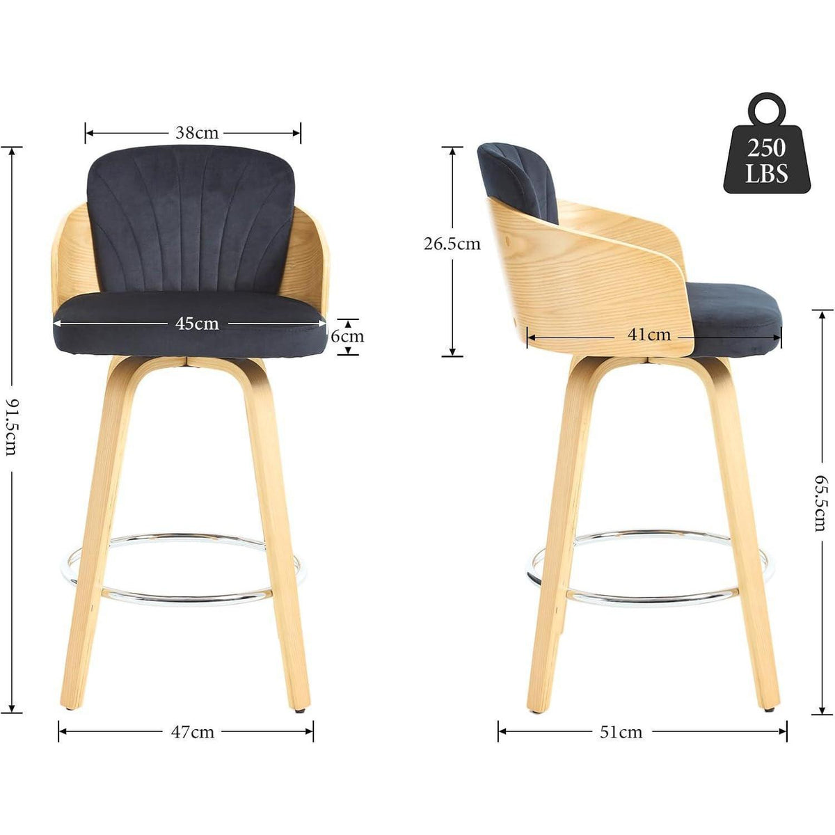 Barhocker 2er Set mit Samtbezug & Holzbeinen – Schwarz
