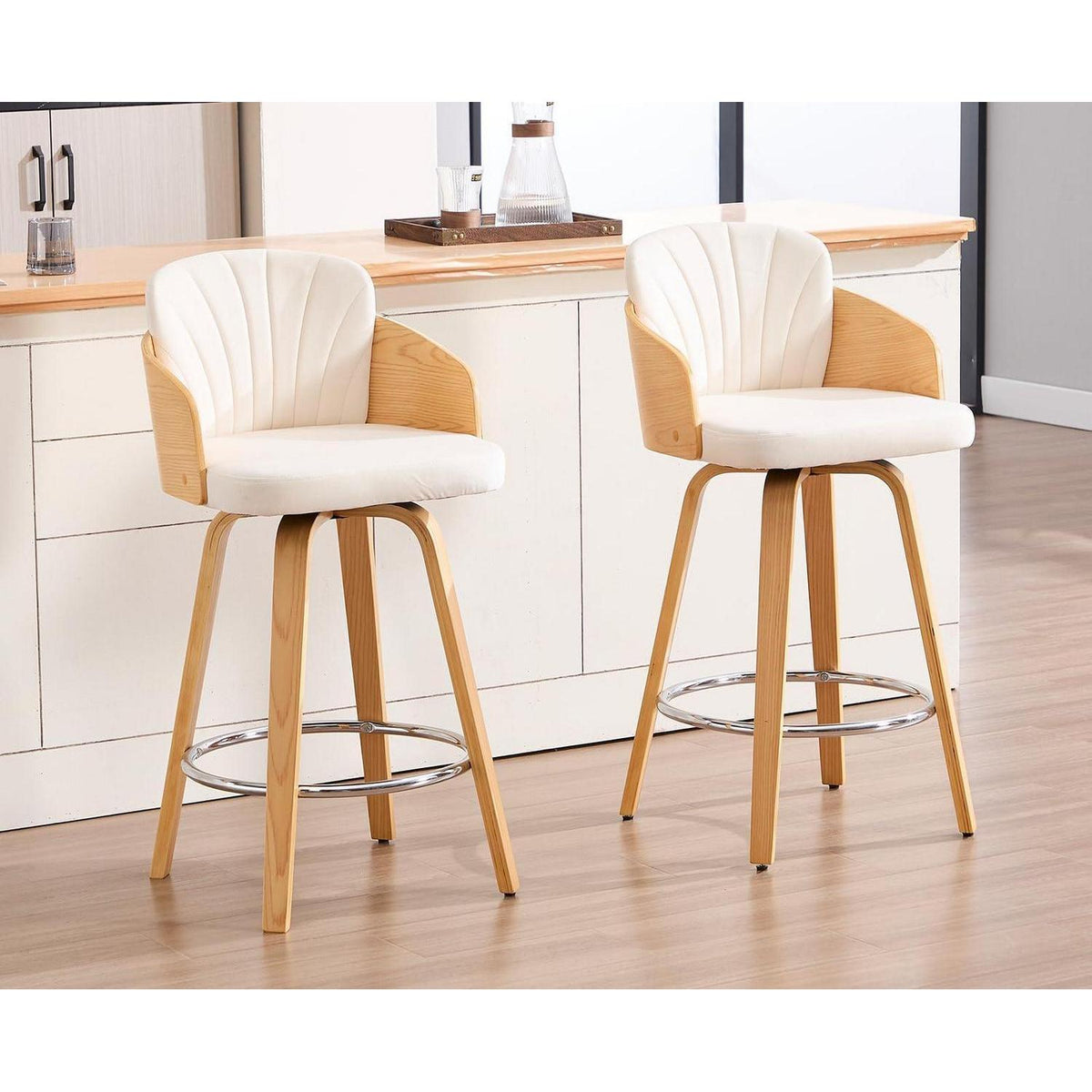 Barhocker 2er Set mit Samtbezug & Holzbeinen – Beige
