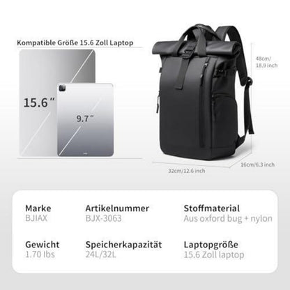 Rolltop Rucksack Schwarz Wasserdicht mit Laptopfach 16 Zoll