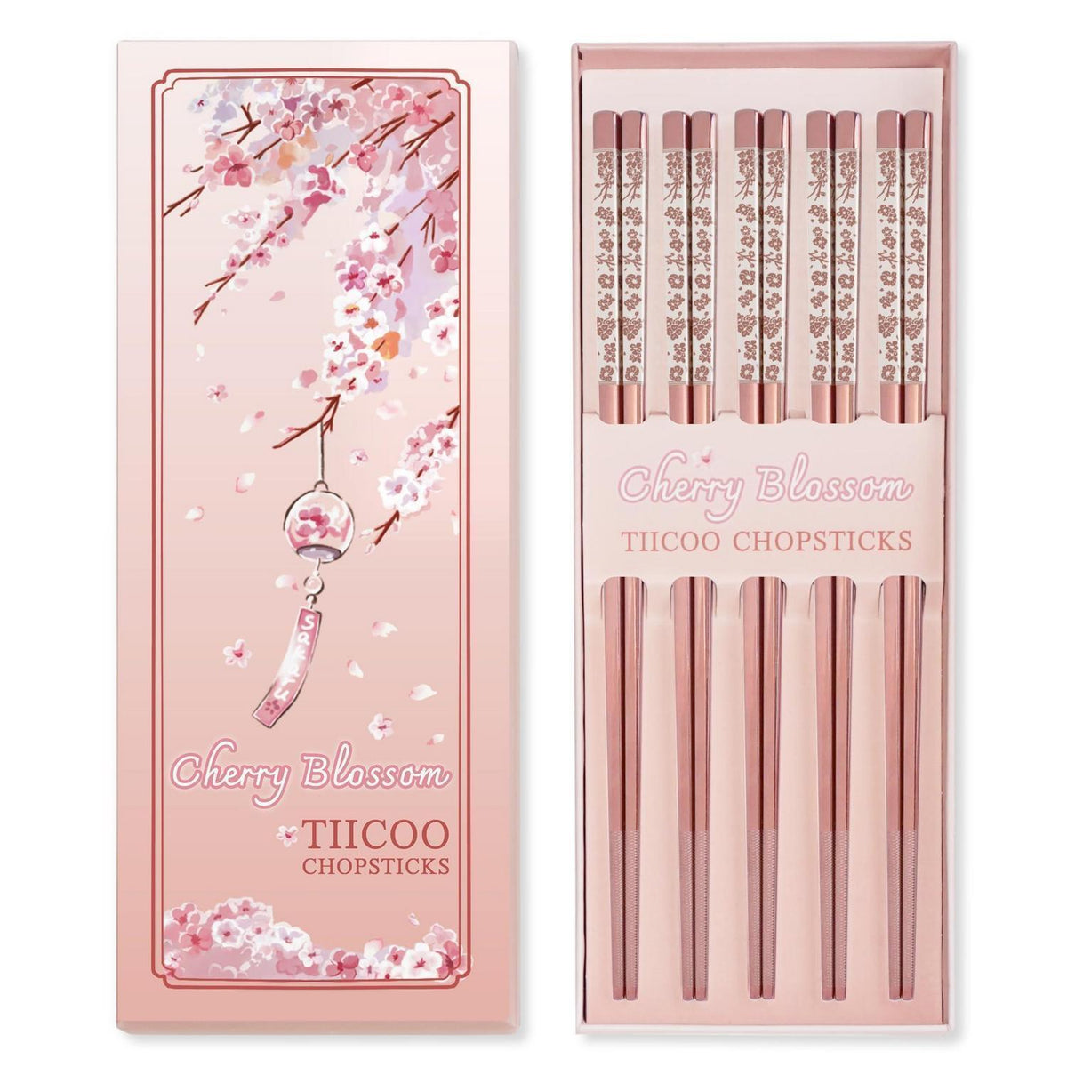 Edelstahl Essstäbchen Set Rosa Sakura Laser Graviert
