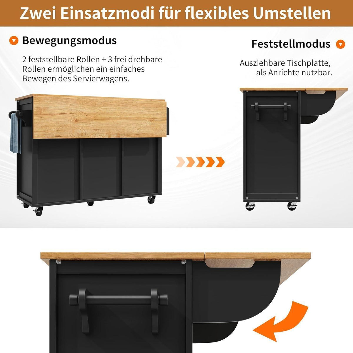 Mobiler Küchenschrank mit Klapptisch & Stauraum Schwarz