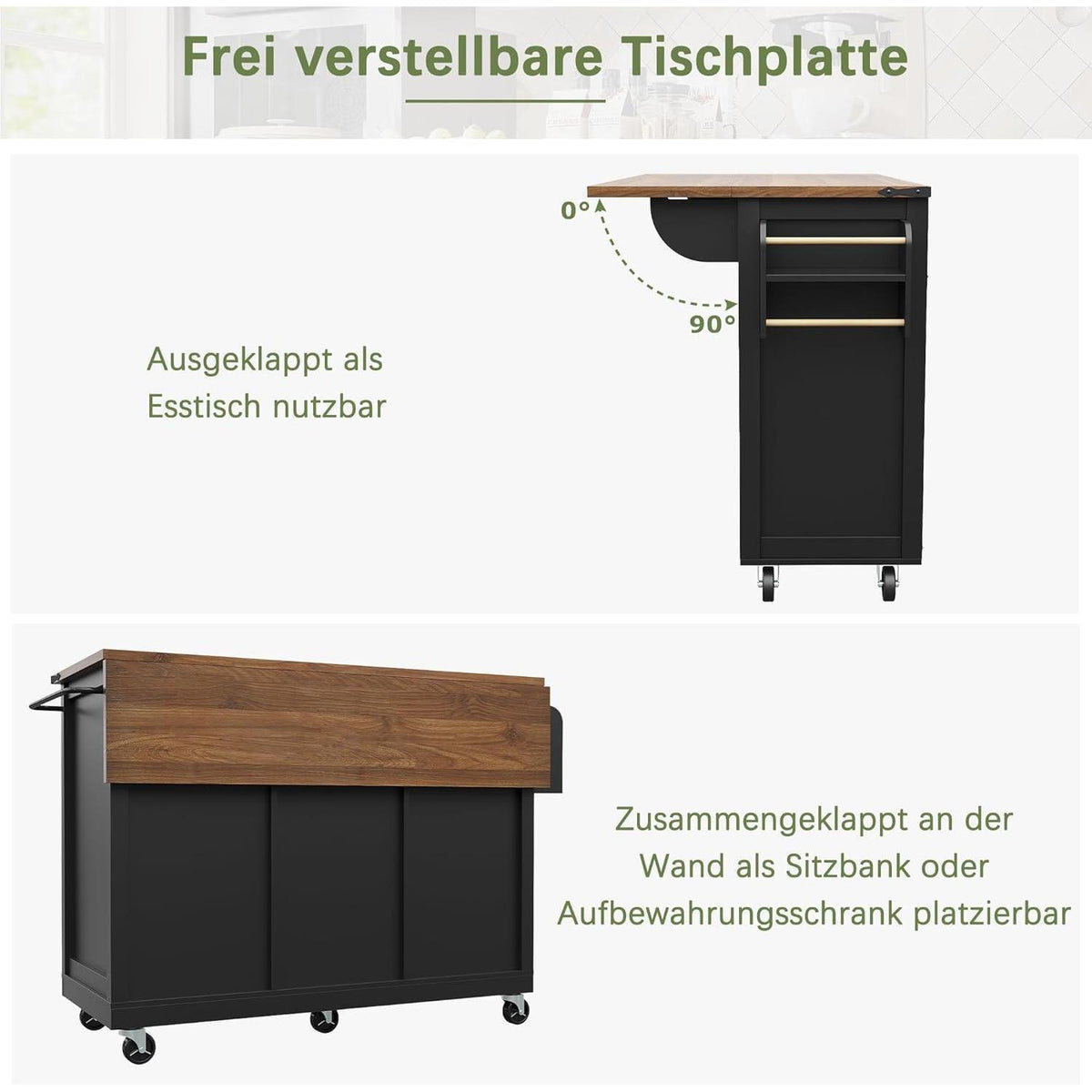 Kücheninsel mit Ausziehtisch & Schiebetüren, Schwarz
