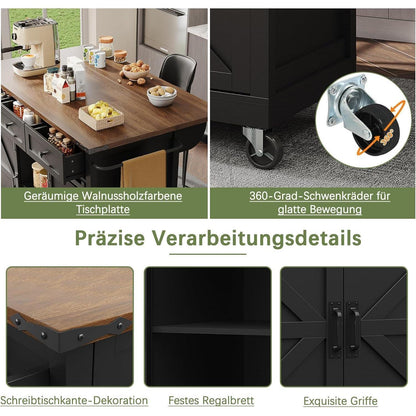 Kücheninsel mit Ausziehtisch & Schiebetüren, Schwarz