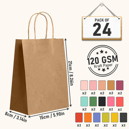Kraftpapier Geschenktüten mit Henkel, 24er Set, 15x8x21 cm