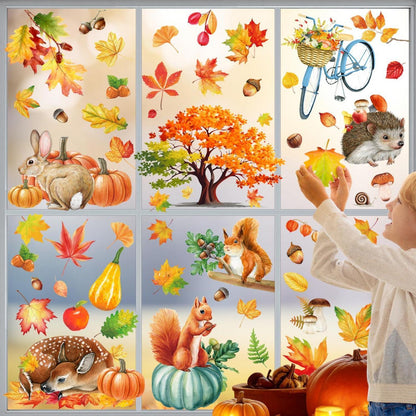 Herbst Fensterbilder Thanksgiving Deko – 84 Stück Ahornblätter & Kürbis