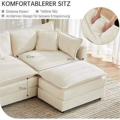 Ecksofa mit Schlaffunktion – Beige Cord, U-Form, 285 cm