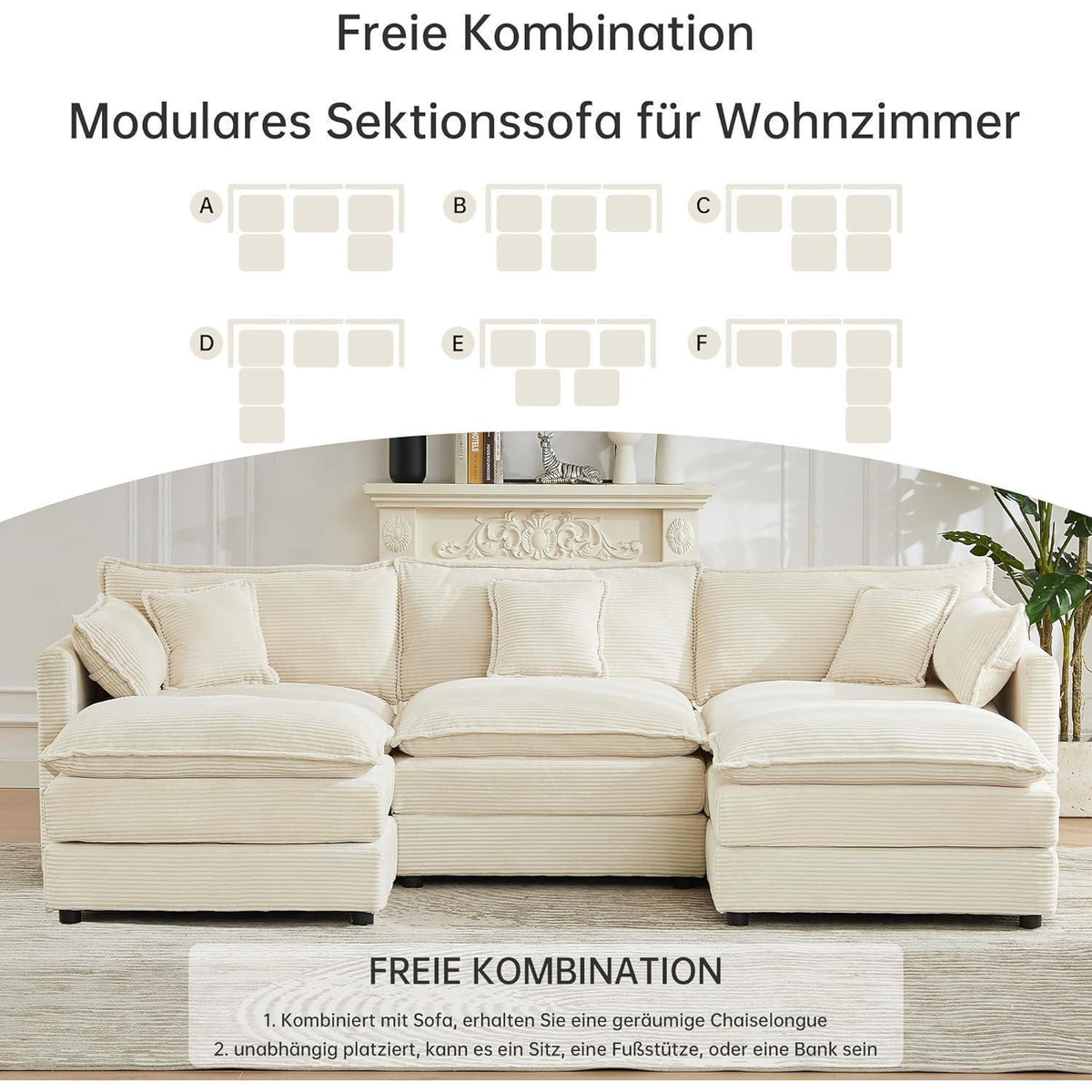 Ecksofa mit Schlaffunktion – Beige Cord, U-Form, 285 cm