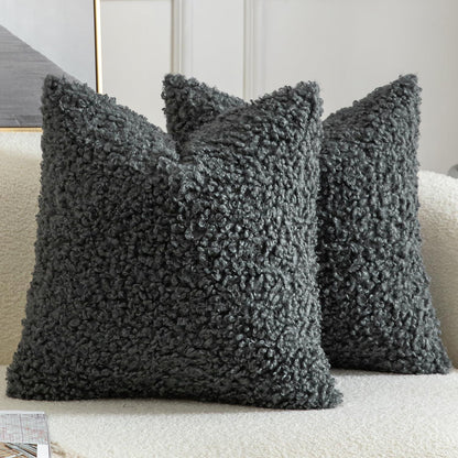 2x Kissenbezug Teddywolle Grau 55x55 cm - Plüsch Bouclé