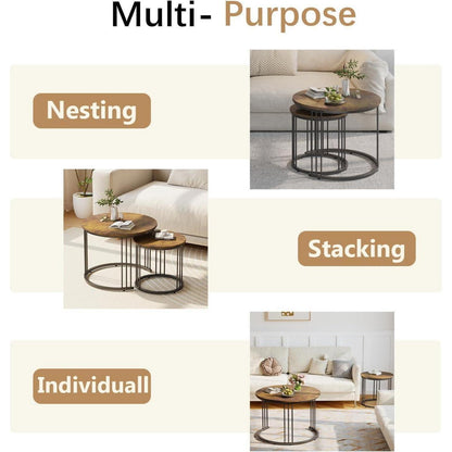 Runde Couchtische 2er-Set, Beistelltisch mit Metallrahmen, Rustic Brown
