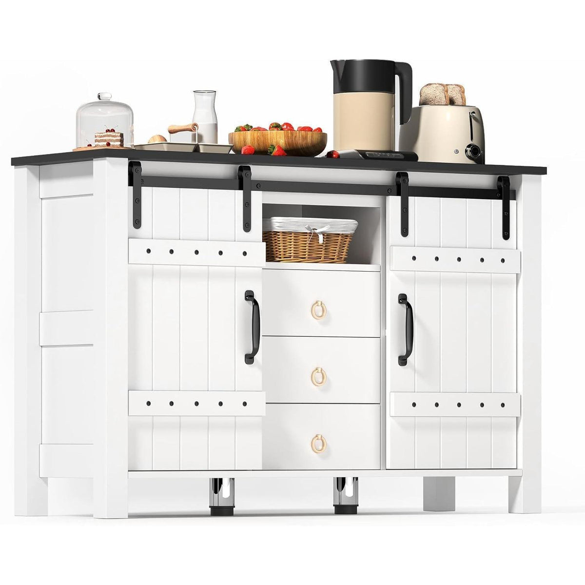 DRIXNO Buffetschrank Weiß, 120cm mit Schiebetüren & Schubladen