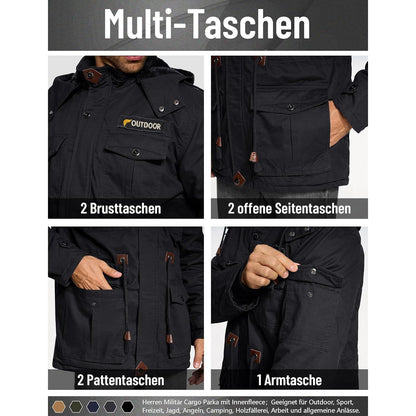Herren Winterjacke gefüttert Fleece Parka mit Kapuze Schwarz L