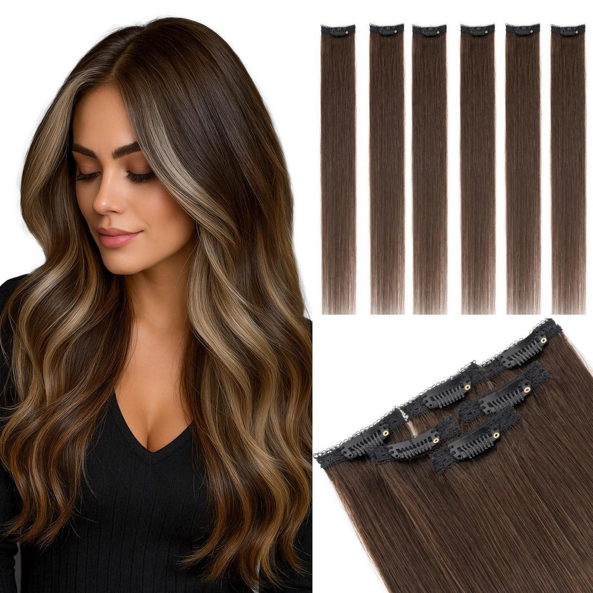 Clip-In Haarverlängerung Echthaar Dunkel Braun 25cm