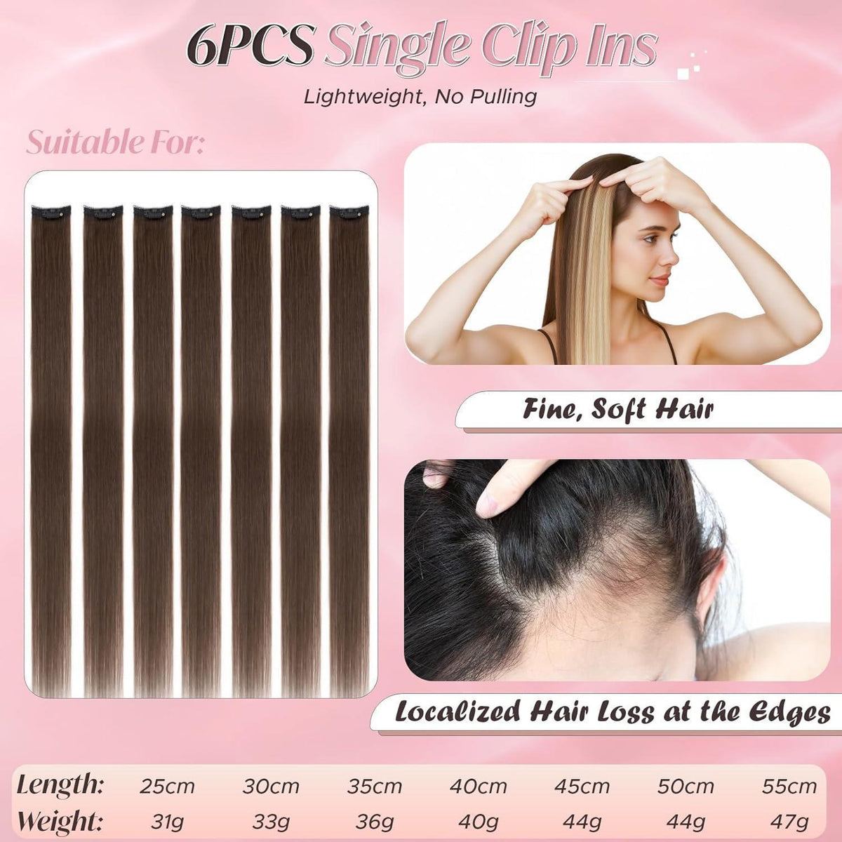 Clip-In Haarverlängerung Echthaar Dunkel Braun 25cm