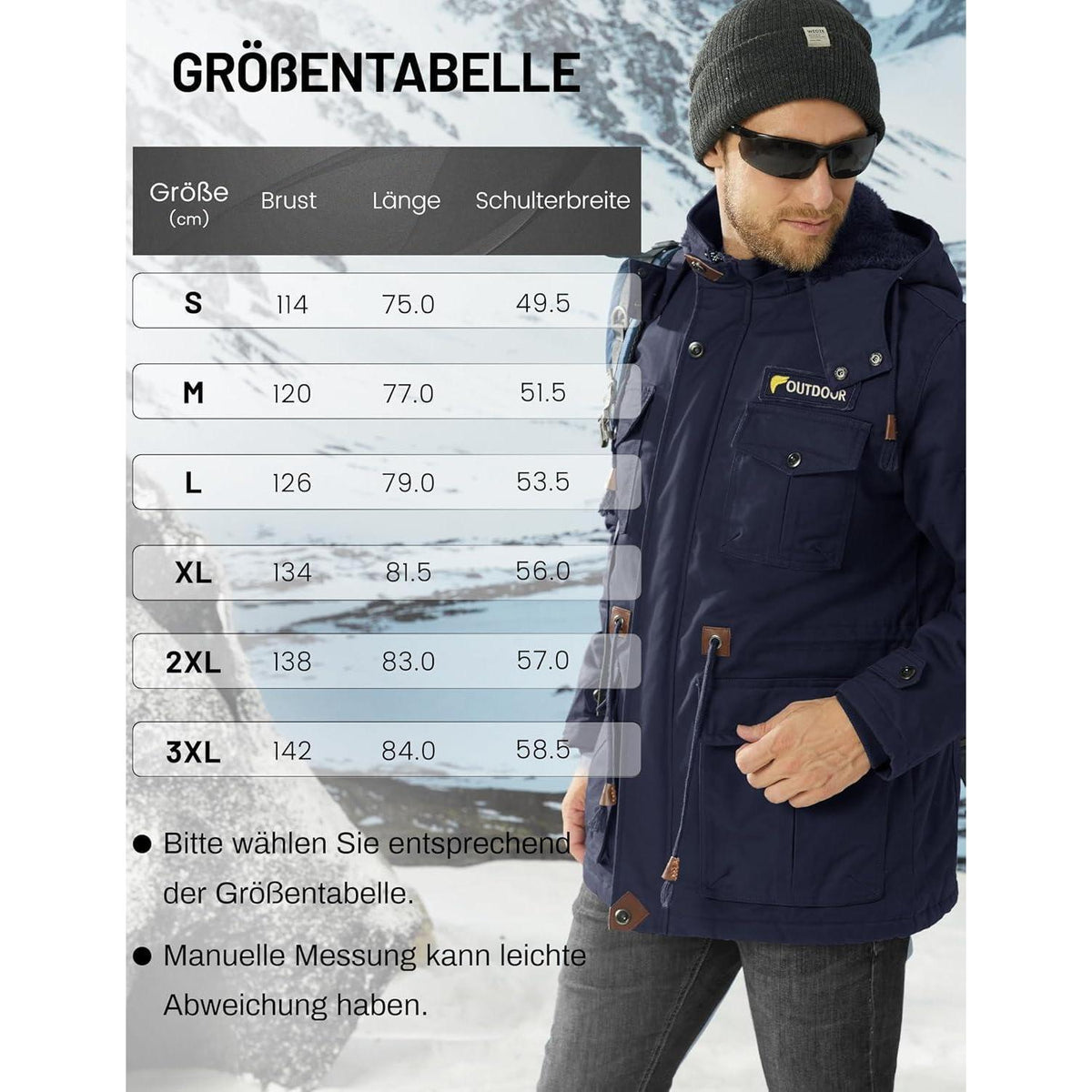 Herren Winterjacke gefüttert Fleece Parka Dunkelblau L
