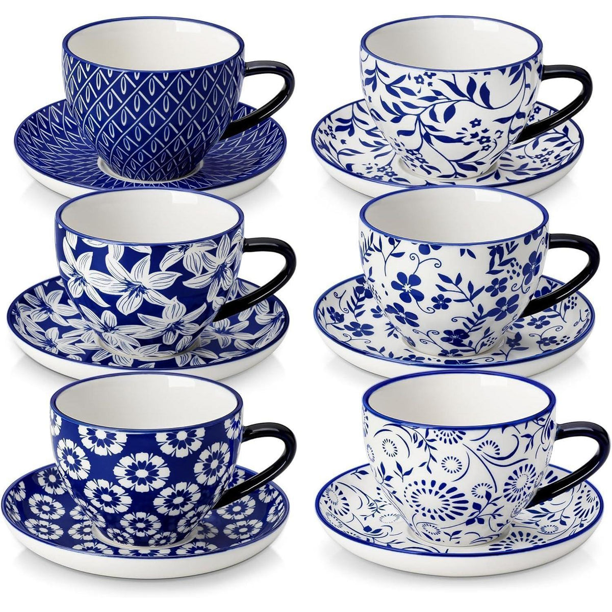 Cappuccino Tassen mit Untertassen 6er Set, 240ml Porzellan, Vintage Blau-Weiß
