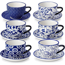 Cappuccino Tassen mit Untertassen 6er Set, 240ml Porzellan, Vintage Blau-Weiß