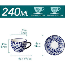 Cappuccino Tassen mit Untertassen 6er Set, 240ml Porzellan, Vintage Blau-Weiß
