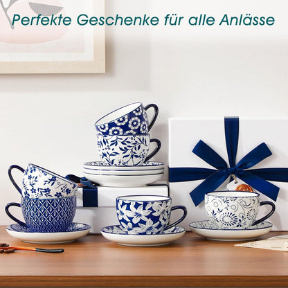 Cappuccino Tassen mit Untertassen 6er Set, 240ml Porzellan, Vintage Blau-Weiß