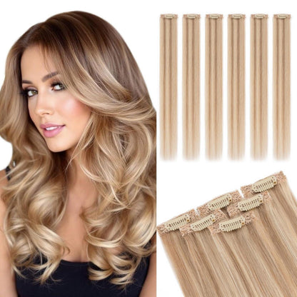 Clip-In Haarverlängerung Echthaar 45cm Goldbraun & Blond