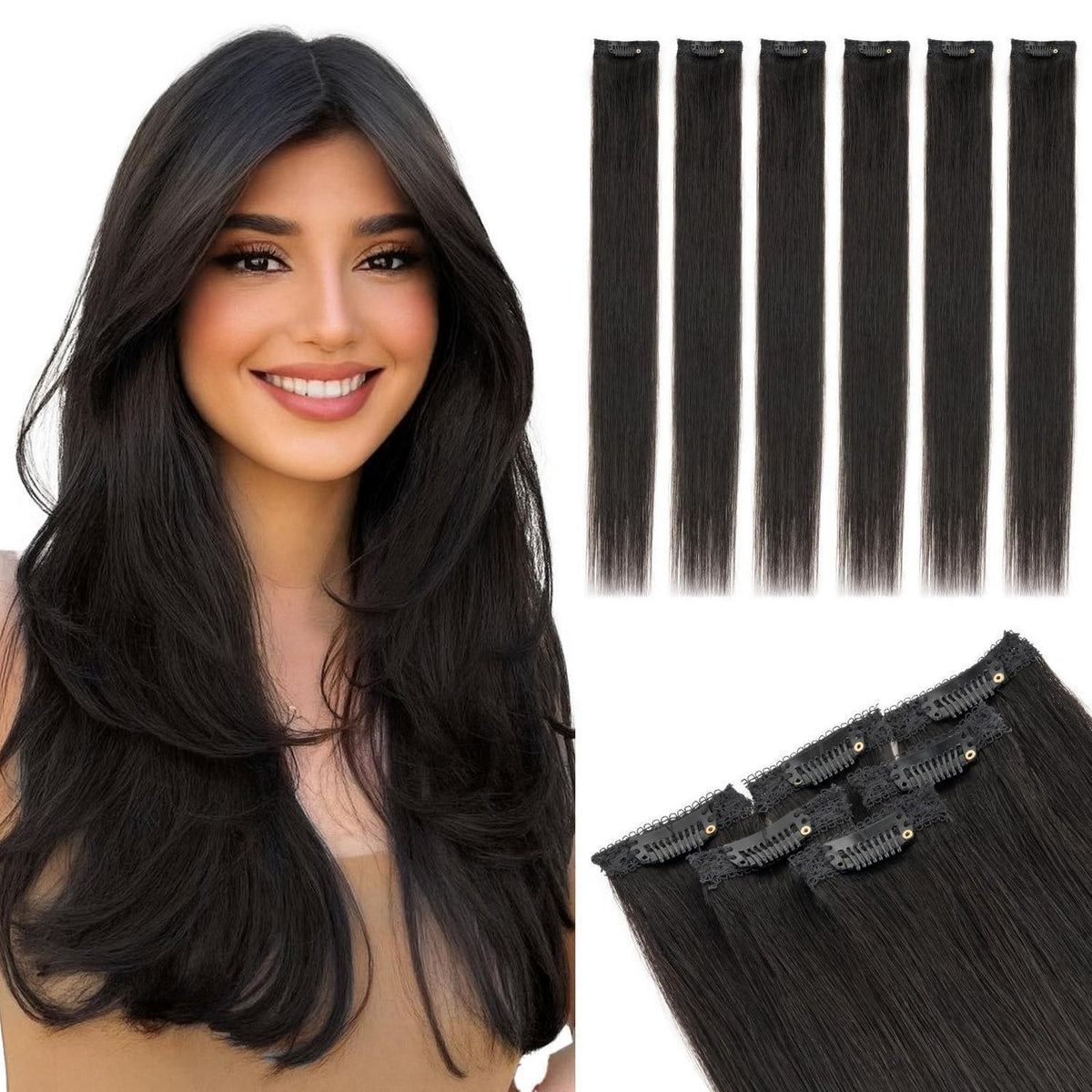 Clip-In Haarverlängerung Echthaar 40cm, Natürliches Schwarz