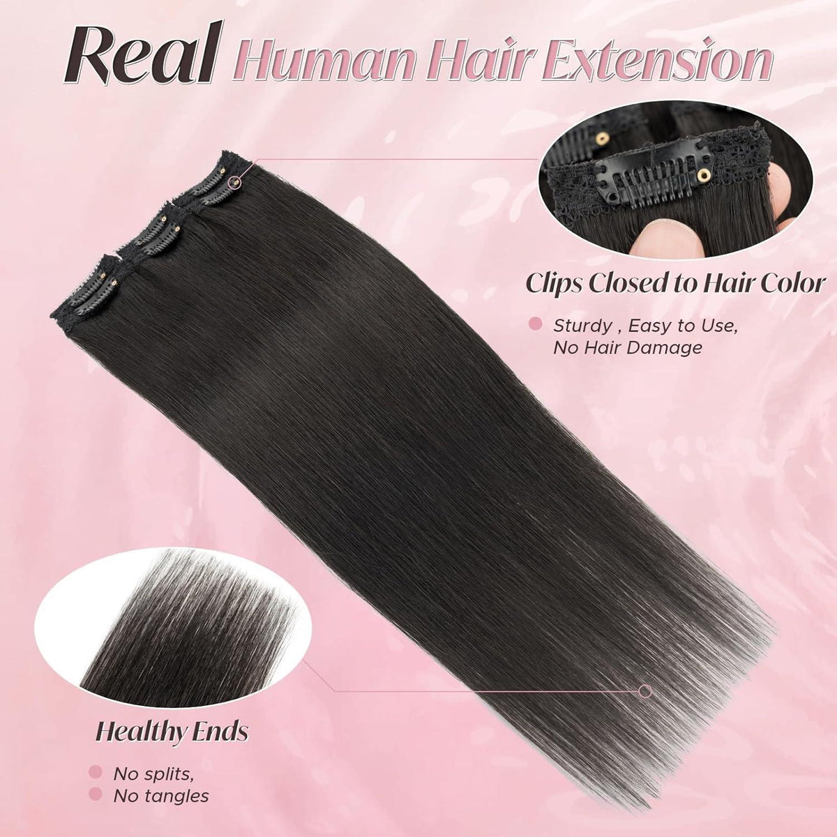 Clip-In Haarverlängerung Echthaar 40cm, Natürliches Schwarz