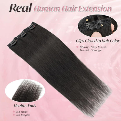 Clip-In Haarverlängerung Echthaar 40cm, Natürliches Schwarz