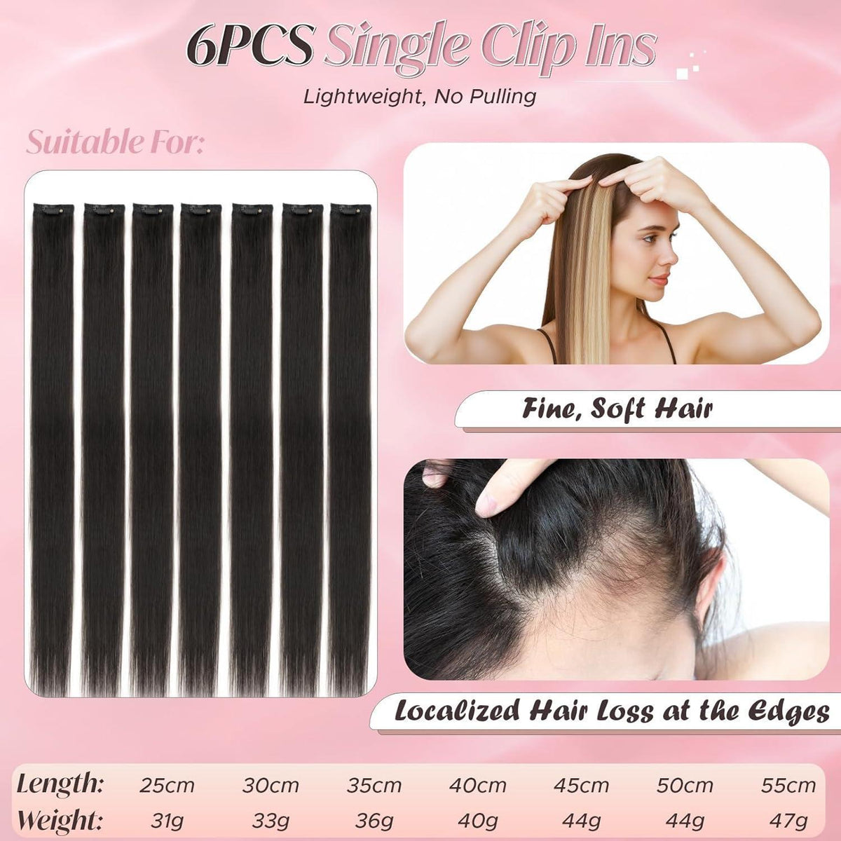Clip-In Haarverlängerung Echthaar 40cm, Natürliches Schwarz