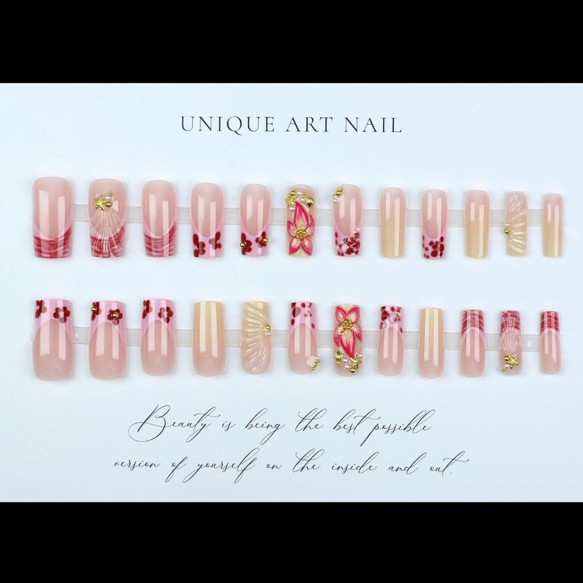Rosa French Press on Nails mit 3D Blumen Design