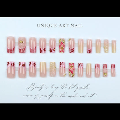 Rosa French Press on Nails mit 3D Blumen Design