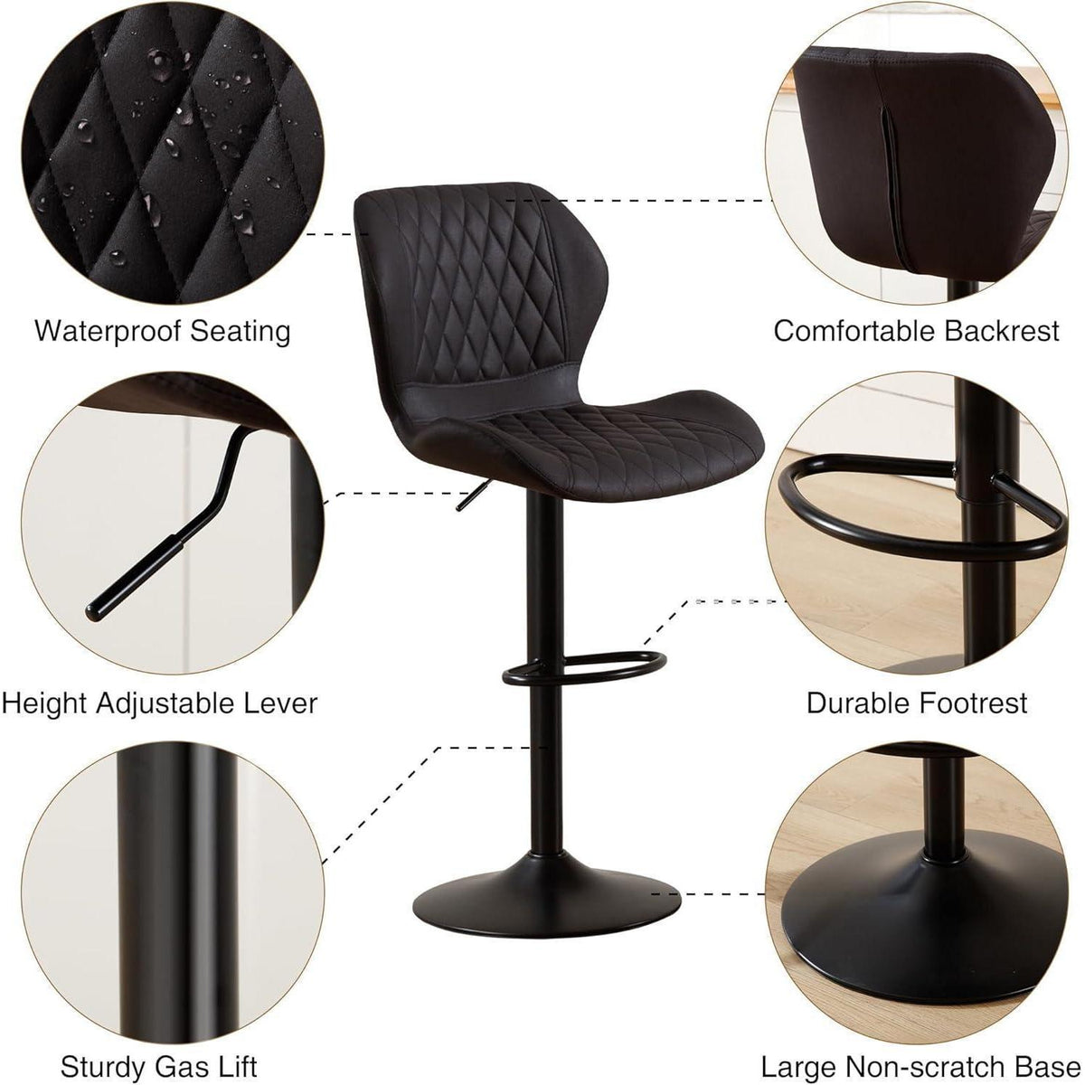 Barhocker mit Lehne, höhenverstellbar, 2er Set Schwarz