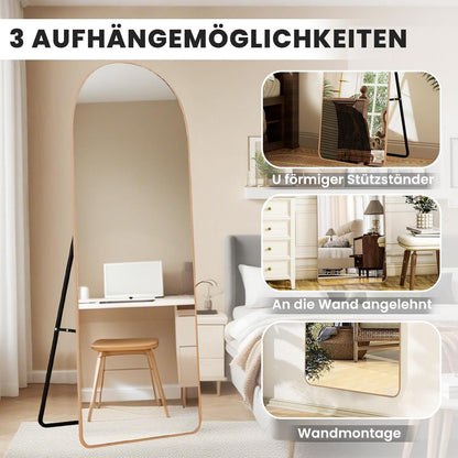 Ganzkörperspiegel 180x65cm, Gehärtetes Glas, Goldener Aluminiumrahmen