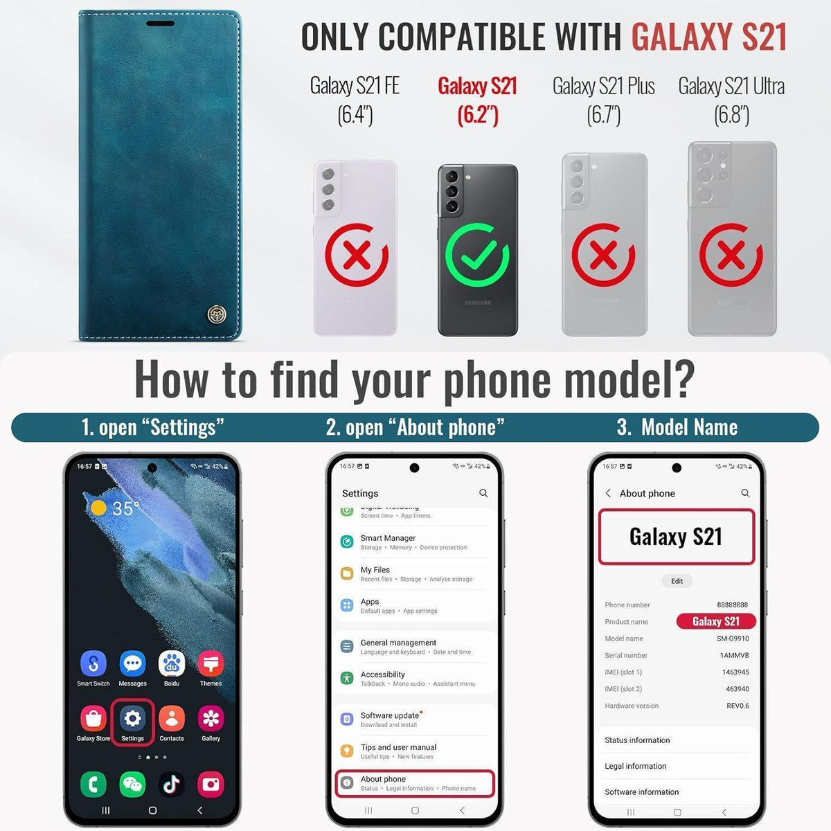 Klapphülle mit RFID für Samsung Galaxy S21 5G - Blaugrün in Lederoptik