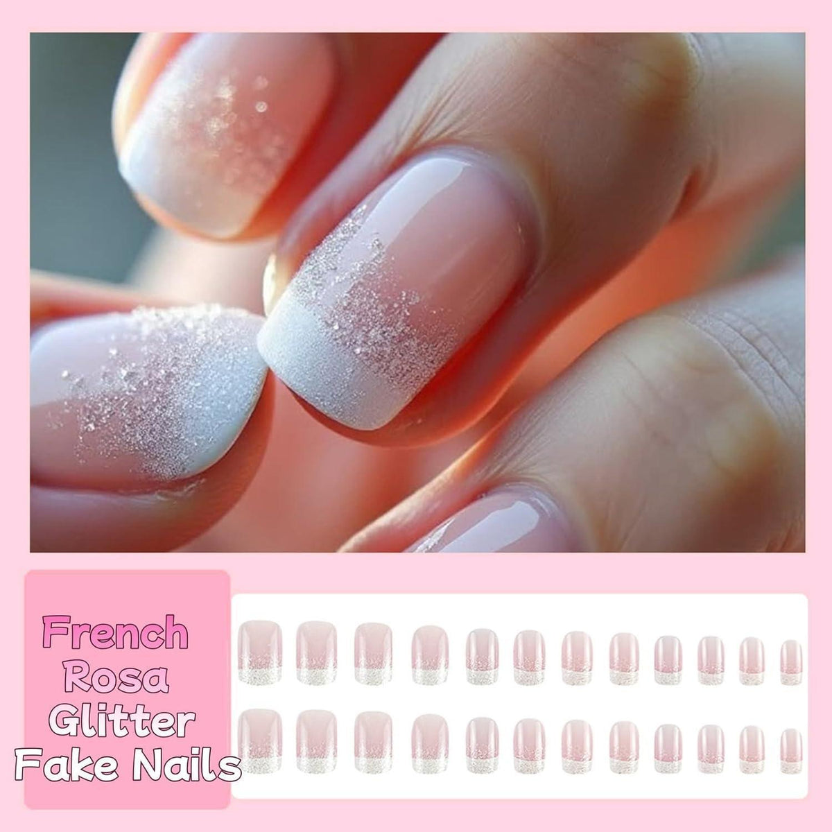 24 Rosa Glitter French Nägel Zum Aufkleben - Kurz & Quadratisch