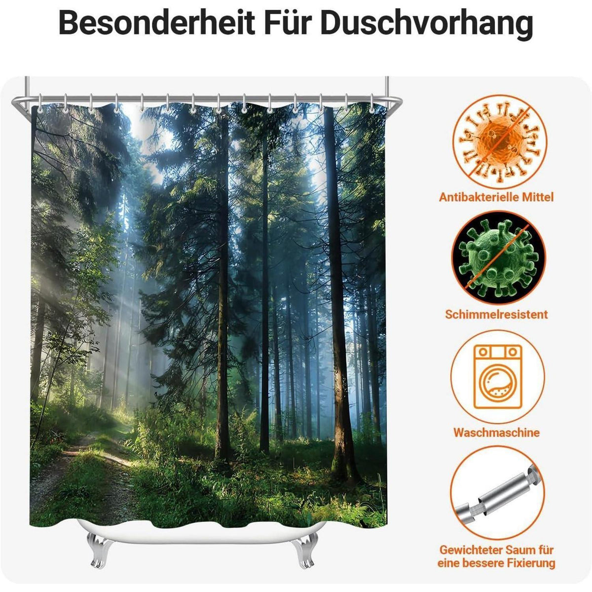 Duschvorhang 150x200 cm Wald Dschungel, Wasserabweisend, Beschwerter Saum