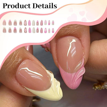 24er Set French Press on Nails – 3D Blumendesign, Mandelförmig