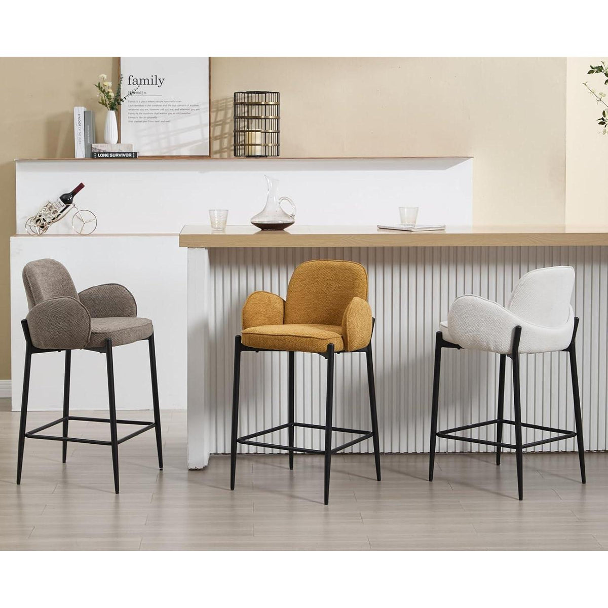 Barhocker Set 2er – Chenille, Metallgestell, Gelb