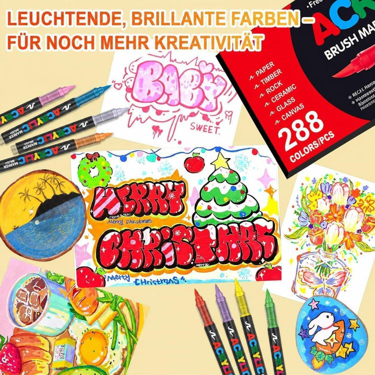 288 Acrylstifte Set – Wasserfest, Brush Tip, Vielseitig