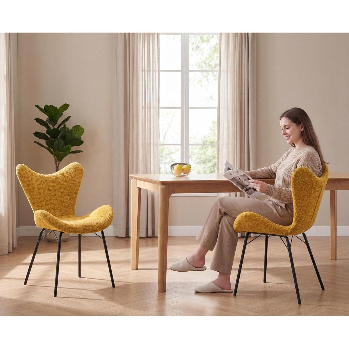 Gelbe Chenille Esszimmerstühle 2er Set mit Metallgestell