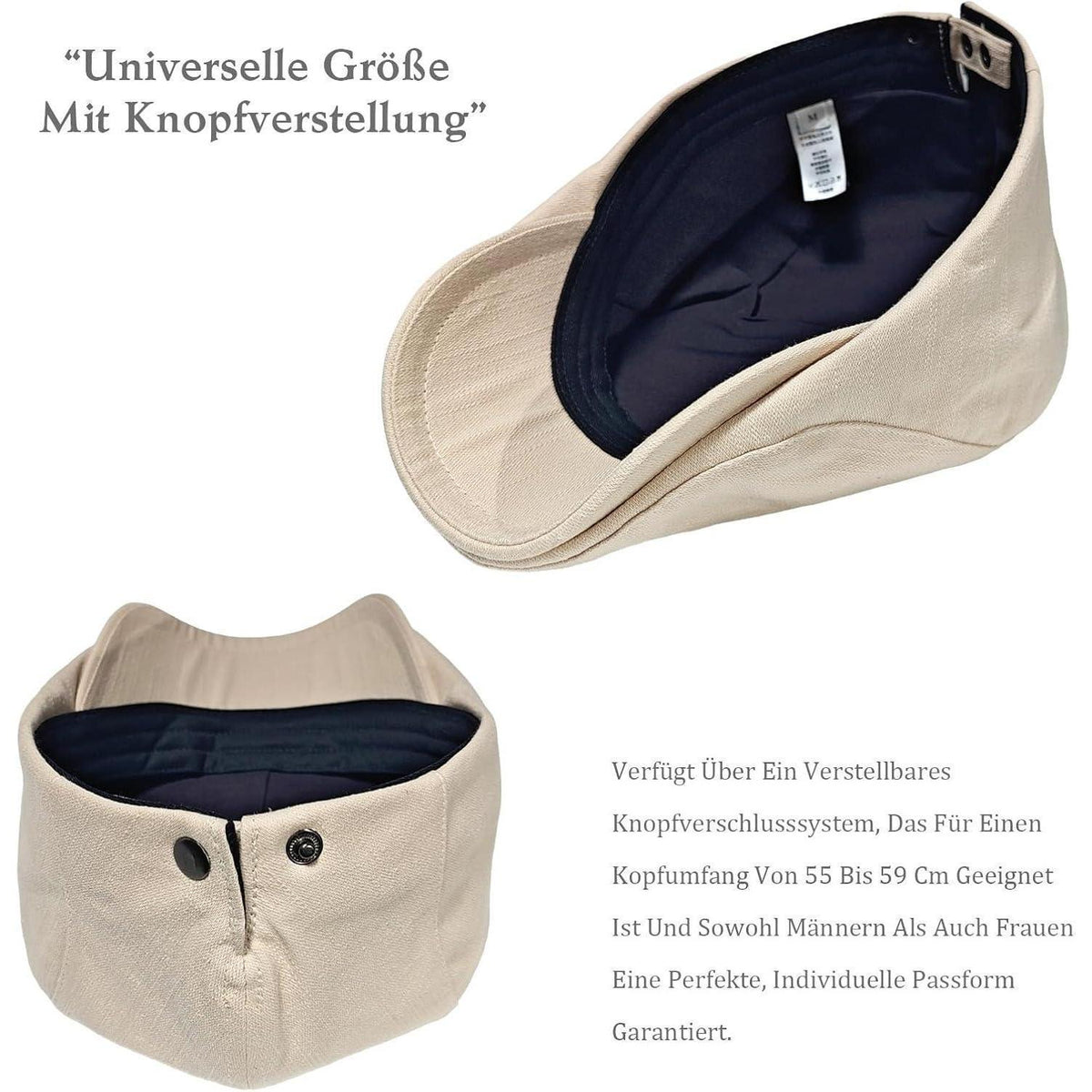 Baumwoll Flatcap Herren Damen – Schiebermütze Beige, Verstellbar